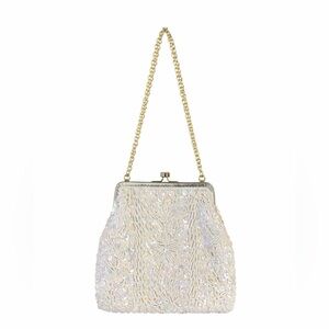 VINTAGE Women's Cream Sequin Pearl Beaded Clutch with Gold Chain Kisslock Bag